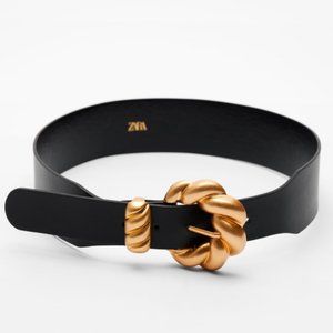 ZARA BLACK LEATHER TWISTED GOLD BUCKLE BELT